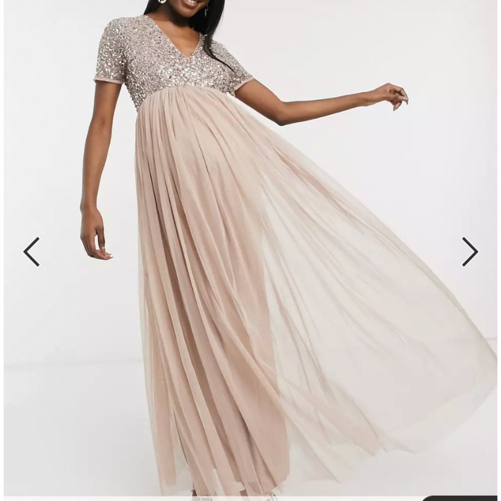 Maya Maternity pink blush short sleeve maxi tulle sequin dress gown womens 4